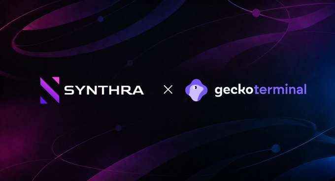 Promotional graphic featuring the logos 'SYNTHRA' and 'geckoterminal' side-by-side on a dark purple abstract background with flowing lines.