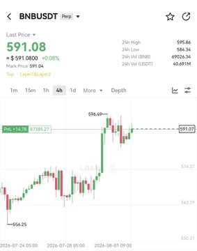 A mobile screenshot displays the BNB/USD trading pair on Perpetual protocol, showing the current price at $591.08 with a 0.08% increase, alongside a 4-hour candlestick chart indicating a recent high of $96.69. The chart visualizes the trader's $87,000 long position entry point marked at $591.07, supporting the post's claim of anticipating a 30-40% ROI pump on BNB.