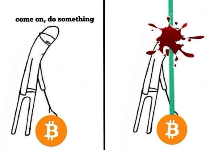 This meme depicts a person with a Bitcoin symbol saying "come on, do something," followed by the person being impaled by a green line, symbolizing a sharp price drop. This image relates to the accompanying post "Crypto this week:" by humorously illustrating the volatile nature of the cryptocurrency market.