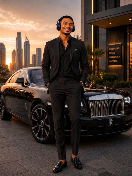 A man in a black suit and blue headphones leaning against a black Rolls-Royce car at sunset, with a city skyline in the background and a sign reading "DISCIPLINE FOCUS CONSISTENCY SUCCESS".