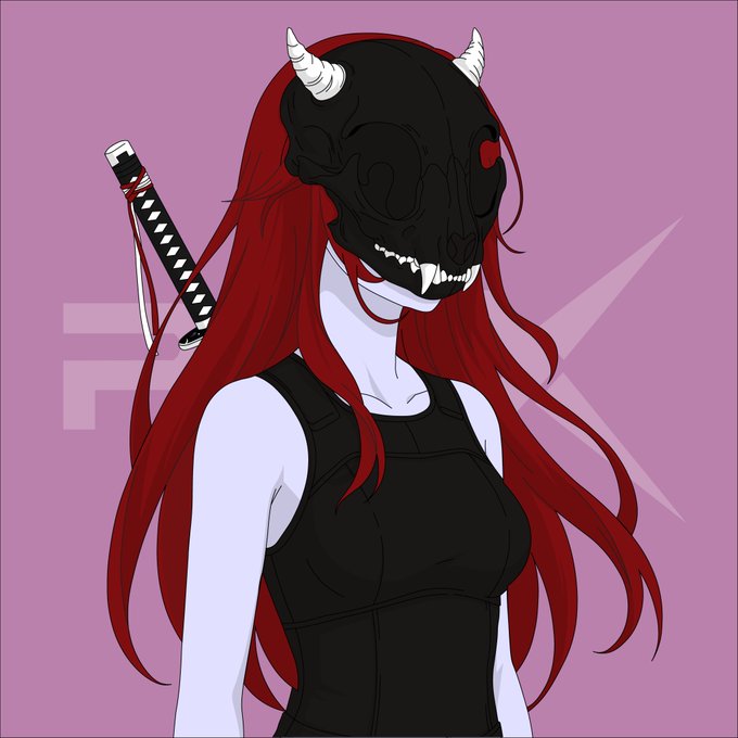 Digital illustration of a pale-skinned figure with long flowing red hair wearing a black demon/oni mask with white horns, dressed in a black tank top with a katana sheathed on their back, set against a pink background.