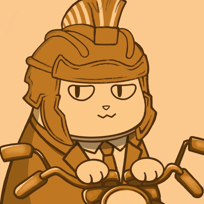 A tan-colored cartoon illustration of a character wearing a helmet with a crest, sitting on a motorcycle or bicycle with a neutral expression.