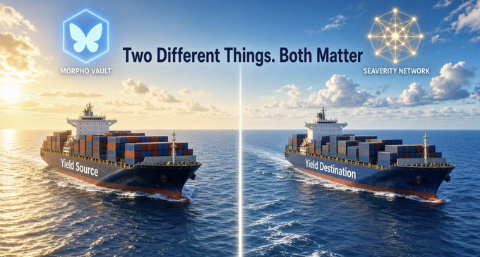 A promotional image titled 'Two Different Things. Both Matter' showing two container ships side-by-side, labeled 'Yield Source' under the 'MORPHO VAULT' logo and 'Yield Destination' under the 'SEAVERITY NETWORK' logo.