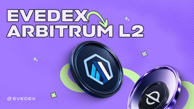 Promotional graphic for 'EVEDEX ARBITRUM L2' featuring two 3D-rendered crypto coins (one with an Arbitrum-style logo, another with a dollar sign) on a purple background with confetti decorations.