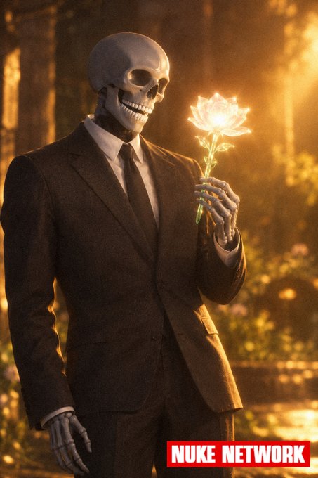 A digital artwork of a skeleton wearing a black suit and tie, holding a glowing rose in a sunlit forest, with a red "NUKE NETWORK" logo in the bottom right corner.