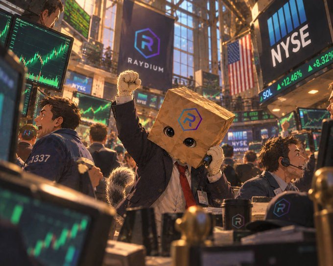 A person wearing a cardboard box with the Raydium (R) logo sits on the bustling floor of the New York Stock Exchange (NYSE), pumping a fist in the air as "SOL +12.46%" and "+8.32%" tickers flash on the screens, embodying the chaotic, non-stop "Stonk Market" meme with a crypto twist.