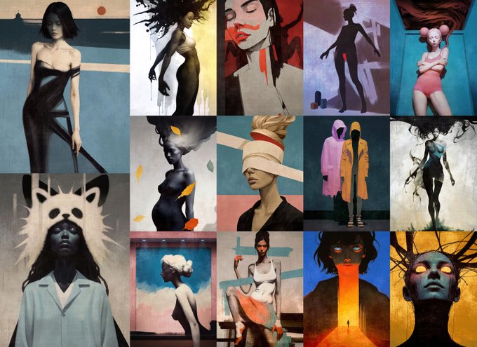 A grid of dark, surrealist paintings featuring stylized female figures, silhouettes, and abstract portraits in muted tones with bold color accents.