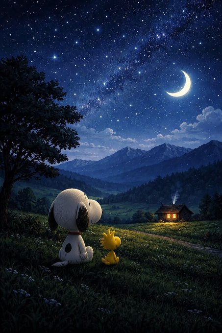 A digital illustration of Snoopy and Woodstock sitting on a grassy hill at night, gazing at a starry sky with a crescent moon and mountains.