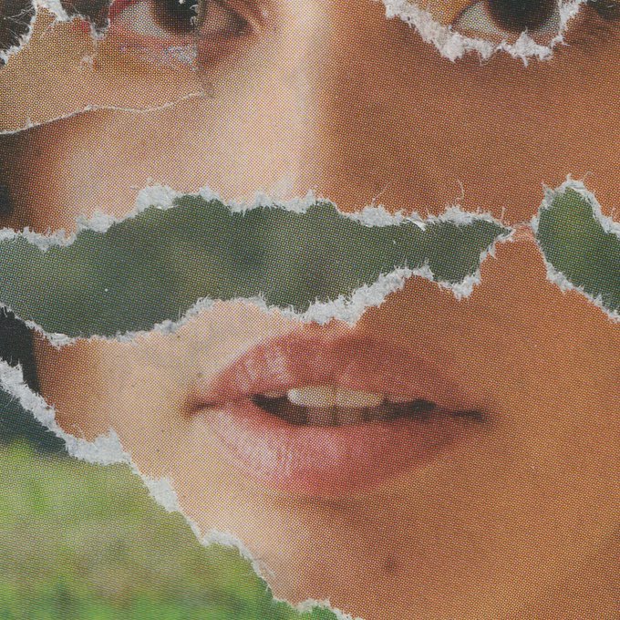 A torn-paper collage-style image showing a close-up of a person's face, with green background elements visible through the torn sections.