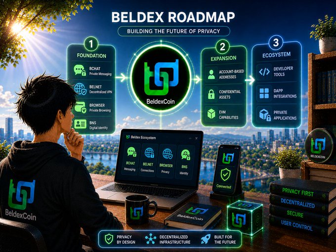 A promotional 'BELDEX ROADMAP' graphic outlines "BUILDING THE FUTURE OF PRIVACY" across three pillars: Foundation (BChat, BelNet, Browser, BNS), Expansion, and Ecosystem, emphasizing privacy-first principles.