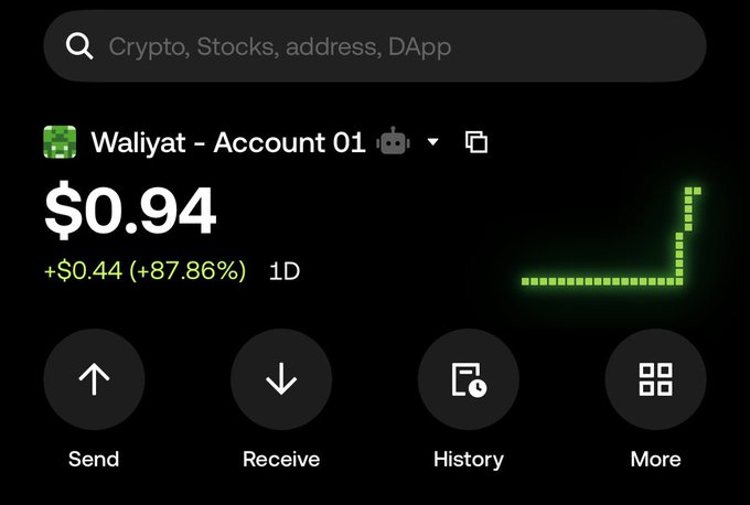 Screenshot of a crypto wallet app showing an account 'Waliyat - Account 01' with a balance of $0.94, up 87.86% in 1 day, featuring a green line chart trending upward.