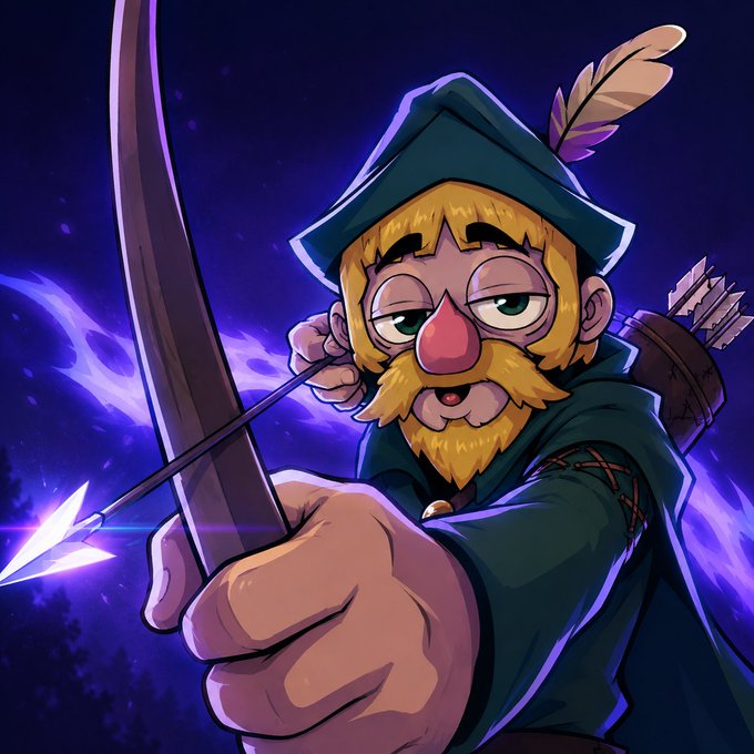 A cartoon archer with a red nose, blonde beard, and green Robin Hood-style hat aims a bow with a glowing purple arrow, matching the post's RPG (role-playing game) theme and teasing an upcoming game launch and mint countdown.