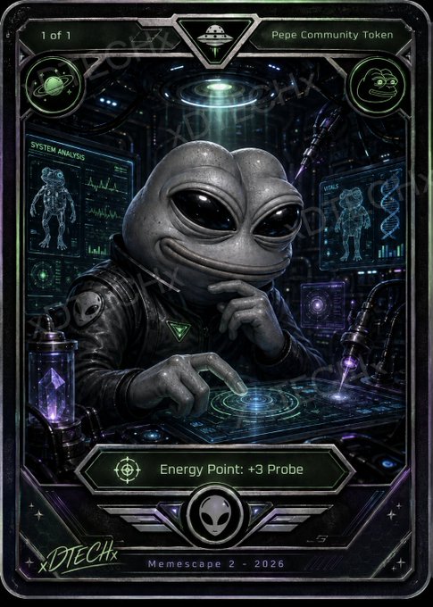 A Pepe-themed alien character sits in a high-tech lab surrounded by holographic system analyses and "Energy Point: +3 Probe" displays, captioned "Pepe Community Token" and "Memescape 2 - 2026." The futuristic, meme-inspired artwork reinforces the "Greypepeproject.com" branding by combining Pepe imagery with sci-fi cryptocurrency aesthetics.