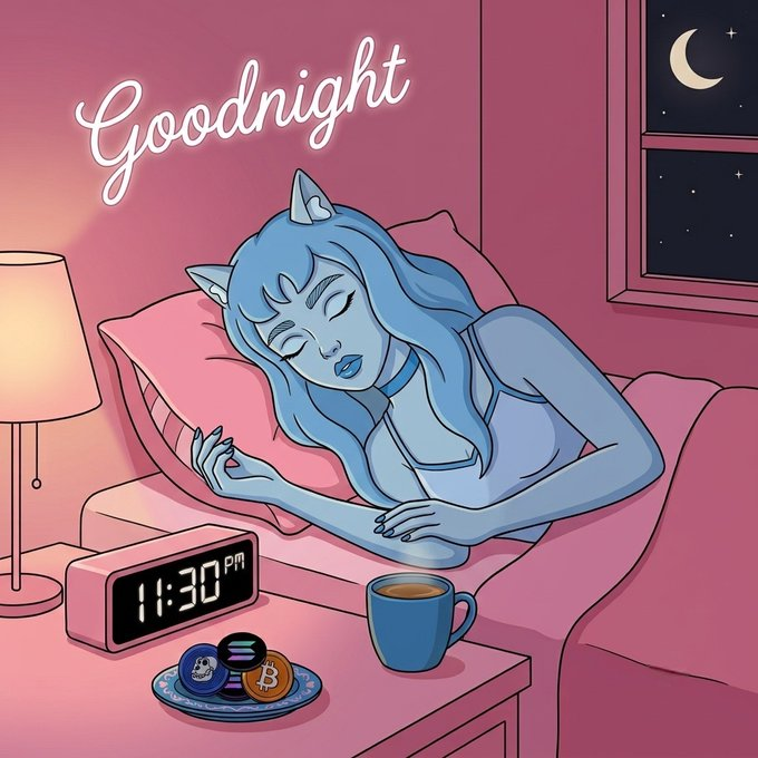 A cartoon illustration titled 'Goodnight' depicting a blue-skinned elf-like character sleeping in a pink bedroom with a digital clock reading 11:30 PM, a cup of coffee, and a plate of crypto coins (including Bitcoin) on the nightstand.