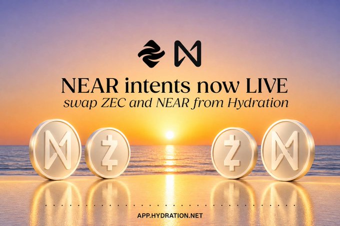 The image is a promotional graphic announcing that NEAR Intents is now live on Hydration, featuring a sunset beach backdrop with golden ZEC and NEAR token coins and the text "NEAR intents now LIVE - swap ZEC and NEAR from Hydration" alongside the URL APP.HYDRATION.NET, visually reinforcing the cross-chain swap functionality highlighted in the post.