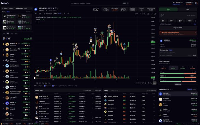 A screenshot of the Fomo trading app interface displays a candlestick chart of BITCOIN ($BITCOIN) trading at $113,664.15, alongside a watchlist of tokens like $ETH, $Solana, $PEPE, and $FUMO, supporting the post's claim that users can buy tokens across multiple chains without bridging. The interface features a buy/sell panel, portfolio positions, and a referral link reference (fomo.family/r/KadunaBull) tied to the app's onboarding feature for new users.