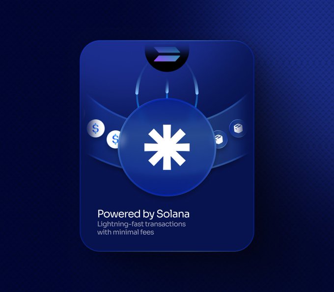 A graphic on a dark blue background featuring a central glowing blue circle with a white star-like symbol, surrounded by floating cryptocurrency coins and the text 'Powered by Solana - Lightning-fast transactions with minimal fees'.