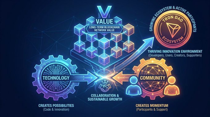 The image shows a detailed diagram illustrating the concept of blockchain networks, with three interconnected circles representing different aspects of value creation within a community-driven ecosystem. The first circle represents technology, the second circle symbolizes community collaboration, and the third circle signifies the momentum created by these two factors. The post suggests that both technology and community are essential for creating long-term value in a blockchain network.
