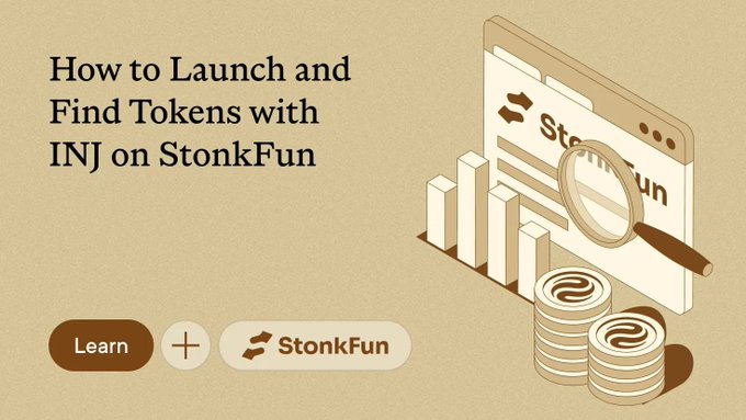 A promotional banner titled 'How to Launch and Find Tokens with INJ on StonkFun' featuring an illustration of a browser window, magnifying glass, bar charts, and coin stacks with a 'Learn' button.