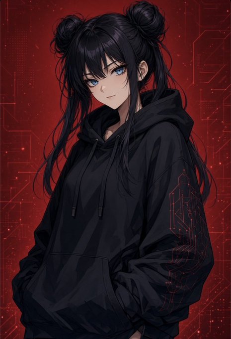 An anime-style illustration shows a dark-haired girl with double buns wearing an oversized black hoodie against a red circuit-board patterned background.