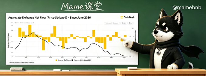 A cartoon dog teacher in a suit points to a CoinDesk chart titled "Aggregate Exchange Net Flow (Price-Stripped) - Since June 2026," which uses yellow bars to show Bitcoin Services-related funds near 0 and a black line showing "Coins as of 4th July 2026," illustrating how Binance remained in net inflow while other exchanges saw outflows in June. The board is labeled "Mame课堂 @mamebnb," tying the visual data to the post's claim that Binance strengthened its position as the most trusted exchange amid broad exchange fund outflows.