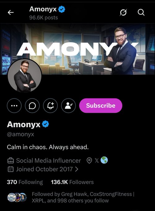 X (Twitter) profile page for Amonyx (@amonyx) showing 96.6K posts, 136.1K followers, joined October 2017, bio 'Calm in chaos. Always ahead.'