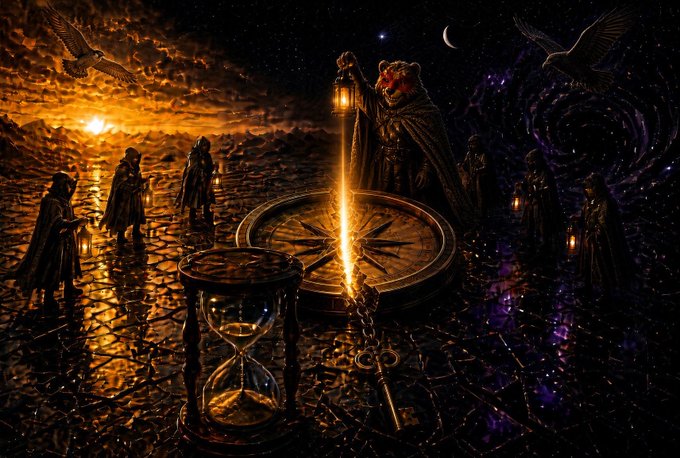 A dramatic fantasy scene showing a robed figure pouring golden liquid from a lantern onto a large compass on cracked ground, surrounded by hooded figures with lanterns under a swirling cosmic sky with a setting sun and crescent moon.
