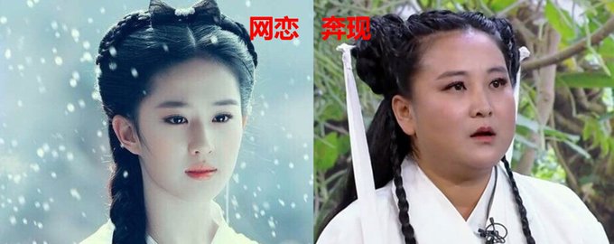 A side-by-side comparison meme featuring a slim woman in traditional Chinese attire labeled "网恋" (online dating) on the left and a heavyset woman with braids labeled "奔现" (meeting in person) on the right.