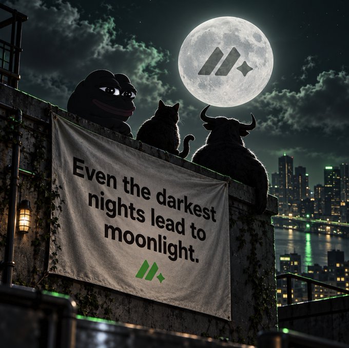 A Pepe frog, a black cat, and a bull silhouette sit atop a moonlit rooftop banner reading "Even the darkest nights lead to moonlight," with a logo-emblazoned full moon hovering above the city skyline—visually echoing the post's message that bullish "signs" already appear even in bearish conditions.