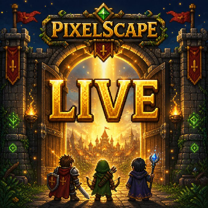 A pixel art style game title screen featuring the text 'PIXELSCAPE' at the top and large golden 'LIVE' text in the center, with three adventurers—a knight, an archer, and a mage—standing before an open castle gate leading to a glowing fantasy kingdom.