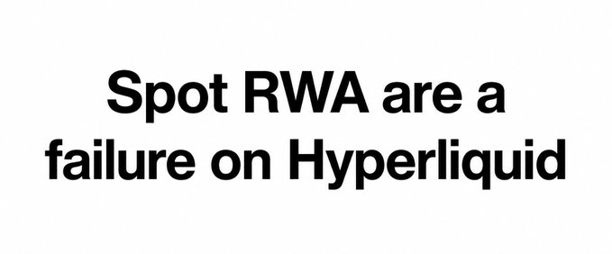 The image states "Spot RWA are a failure on Hyperliquid," which directly supports the accompanying post's claim of low spot RWA volume on Hyperliquid compared to other platforms.