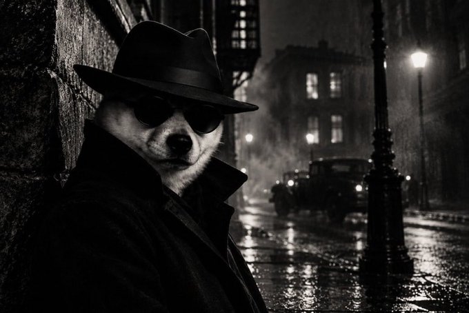 A black-and-white digital illustration of a dog dressed as a classic film noir detective, wearing a fedora, sunglasses, and trench coat against a rainy city backdrop.