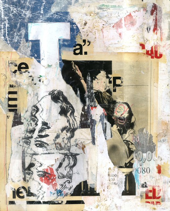 A mixed-media collage artwork featuring black and white photographic prints, red paint accents, and fragmented text/numbers layered over a textured beige and blue background.