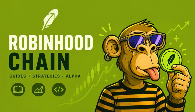 A green promotional graphic features a cartoon monkey wearing sunglasses holding a coin alongside bold "ROBINHOOD CHAIN" text with the tagline "GUIDES • STRATEGIES • ALPHA," visually aligning with the post's focus on early farming opportunities for a potential Robinhood Chain airdrop.
