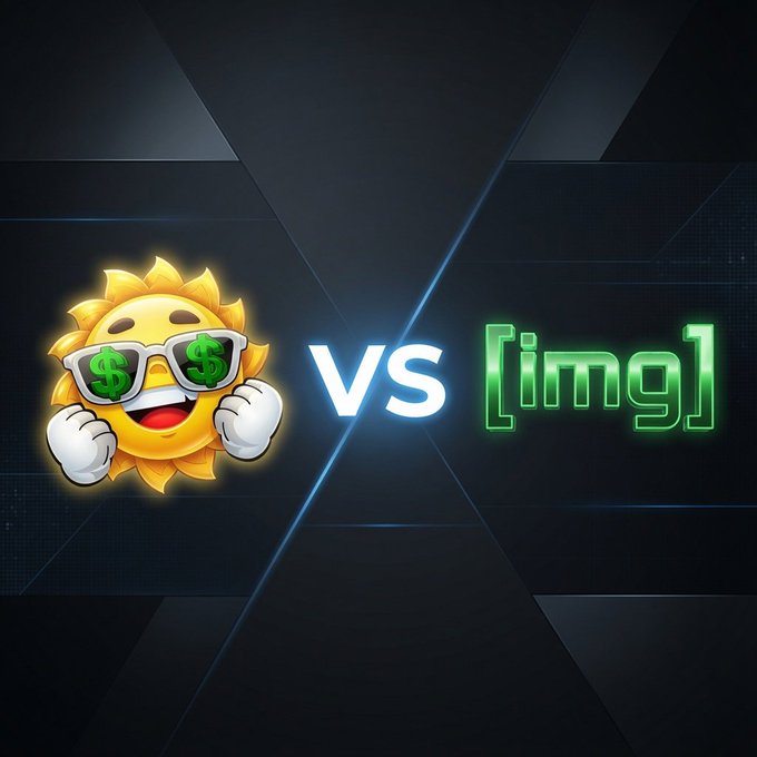 A cheerful sun emoji wearing dollar-sign sunglasses faces off against a glowing green "[img]" text label with "VS" between them on a dark blue background, visually framing a comparison between the $IMG token and @summertokensol. The battle-style graphic reinforces the post's theme of evaluating $IMG's past momentum alongside the pre-launch potential of Summer Token SOL.