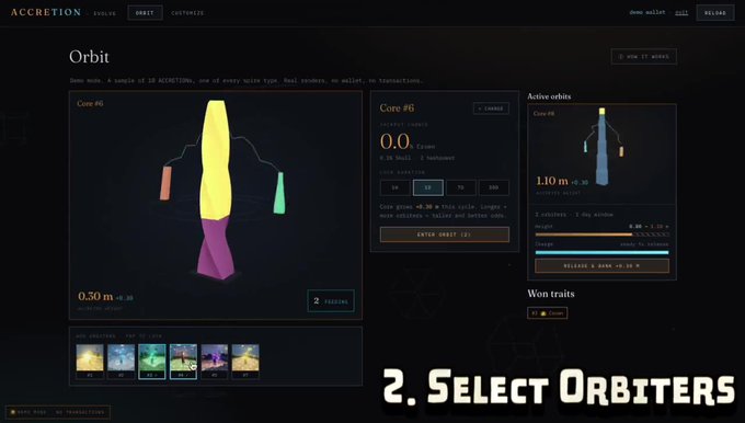 A screenshot of the ACCRETION game interface showing the 'Orbit' configuration menu for a 'Core #6' with a 3D model, toggle settings (Base/Full scale), and the text '2. SELECT ORBITERS'.