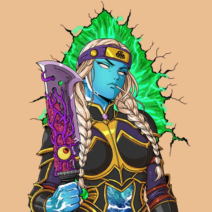 A fantasy illustration of a blue-skinned female warrior with long braided blonde hair, wielding a purple and pink ornate weapon against a cracked green energy background.