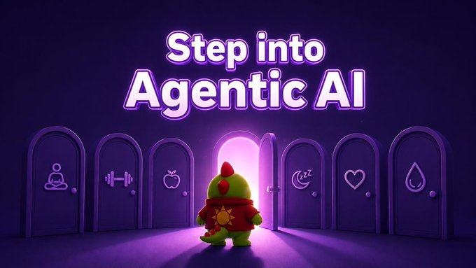 A green dinosaur character stands before glowing purple doors under the text 'Step into Agentic AI,' with icons representing various life categories.
