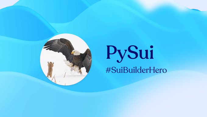 A graphic with "PySui" and "#SuiBuilderHero" text alongside a circular image of a bald eagle in flight, set against a blue wavy background.