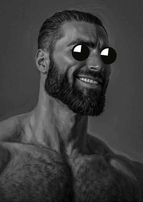 A black-and-white portrait of a muscular, bearded man wearing round sunglasses, smiling confidently—the image appears to be edited with "googly eyes" as a humorous meme, fitting the playful tone of the post about a crypto basket with HBAR, GIB, and Hedera.