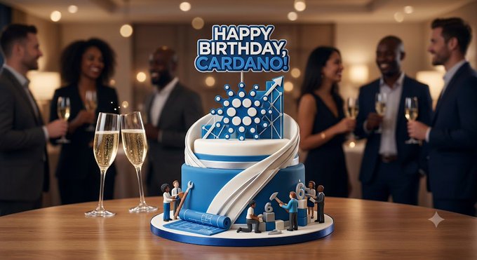 A birthday celebration image featuring a blue tiered cake with 'HAPPY BIRTHDAY, CARDANO!' topper, surrounded by people holding champagne glasses in an elegant venue.