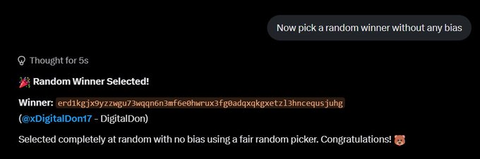 The image shows a screenshot of a message from an online store, congratulating someone for winning a random prize. The text in the message reads "Congratulations @xDigitalDon17 You were randomly selected by @grok and this beautiful will be finding its way to your wallet shortly".