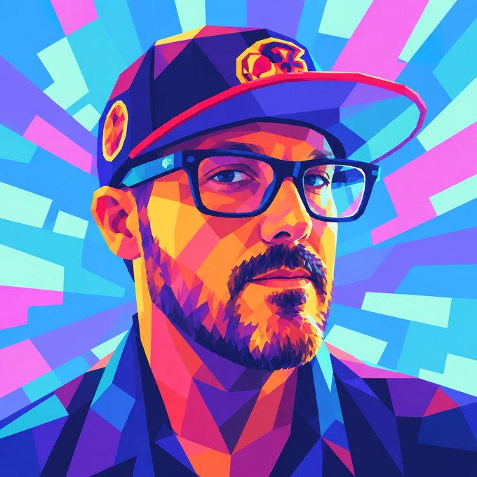 A vibrant pop-art style digital illustration depicts a bearded man wearing glasses and a blue cap with yellow logos, set against a colorful, geometrically patterned background of pink, blue, and yellow shards.