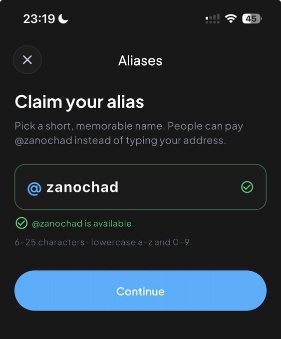 A mobile app screen titled 'Claim your alias' shows the available username '@zanochad' with a green checkmark and a 'Continue' button at the bottom.