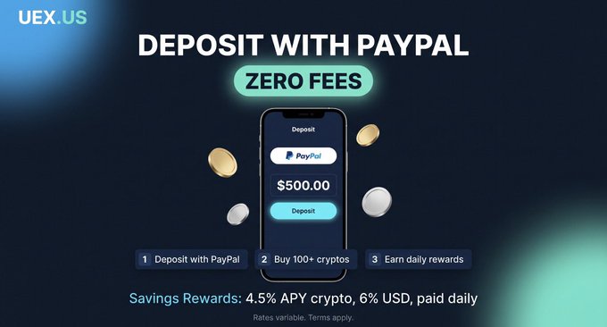 A promotional advertisement for UEX.US showing 'DEPOSIT WITH PAYPAL ZERO FEES' with a smartphone displaying a PayPal deposit of $500.00, and savings rewards information about 4.5% APY crypto and 6% USD.