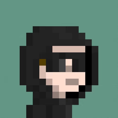 A pixel art portrait of a hooded figure giving a middle finger gesture against a teal background.