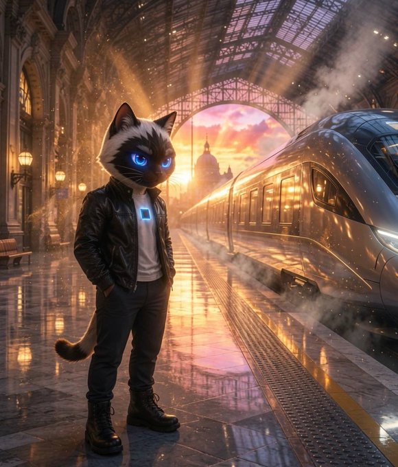 A digital artwork featuring an anthropomorphic cat with glowing blue eyes wearing a black leather jacket and boots, standing on a train platform with a sleek modern train and sunset in the background.
