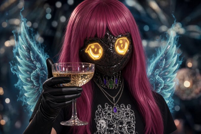 A cyberpunk-style portrait of a figure with long pink hair, a black face mask with glowing yellow robotic eyes, blue wing-like accents, holding a champagne coupe.