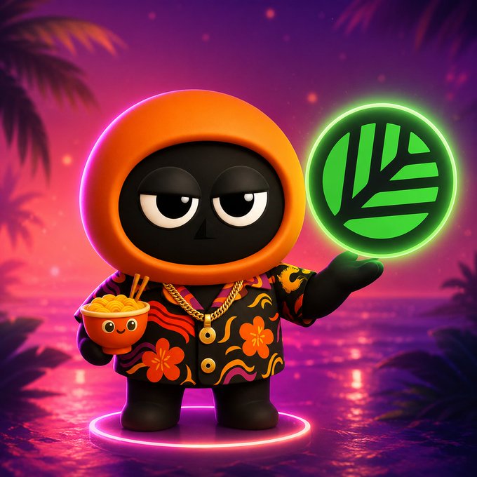 The image features an orange character with black hair wearing a colorful outfit that includes a flowery shirt and gold chain necklace. The character holds a bowl of food while standing next to a palm tree. The background shows a purple sky, which complements the overall theme of the image. The caption provided in the image is about Web3 infra and launching an onchain app, suggesting that the character might be promoting or discussing this topic.