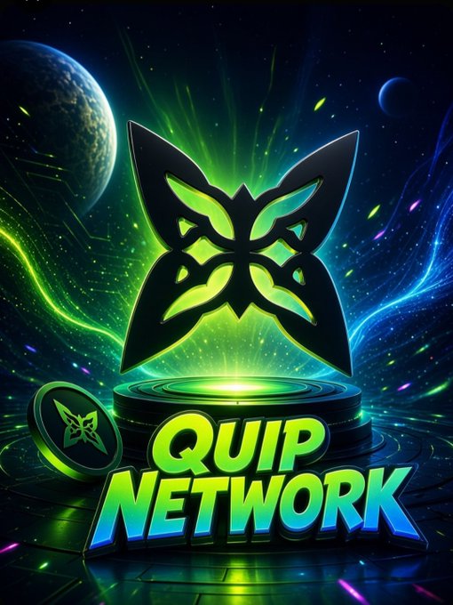 A vibrant digital logo for 'QUIP NETWORK' featuring a green glowing butterfly-like symbol on a futuristic platform with planets in the background.